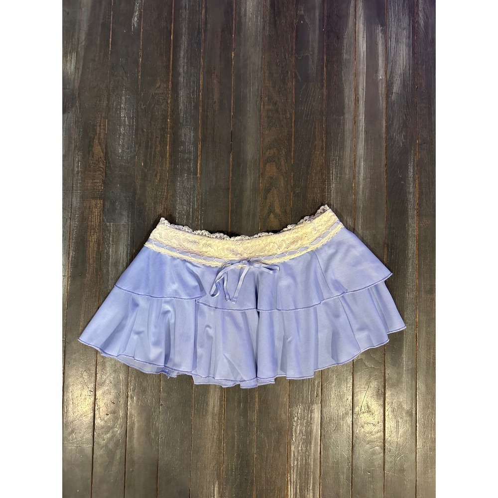 Finesse Blue Tiered Ruffle Mini Skirt with Lace Waistband Bow Coquette Style